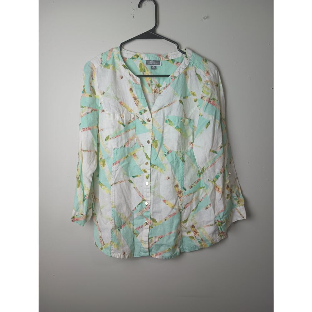 JM Women 10 Tropical print 100% Linen Blouse Pockets Roll Tab Sleeve Vacation